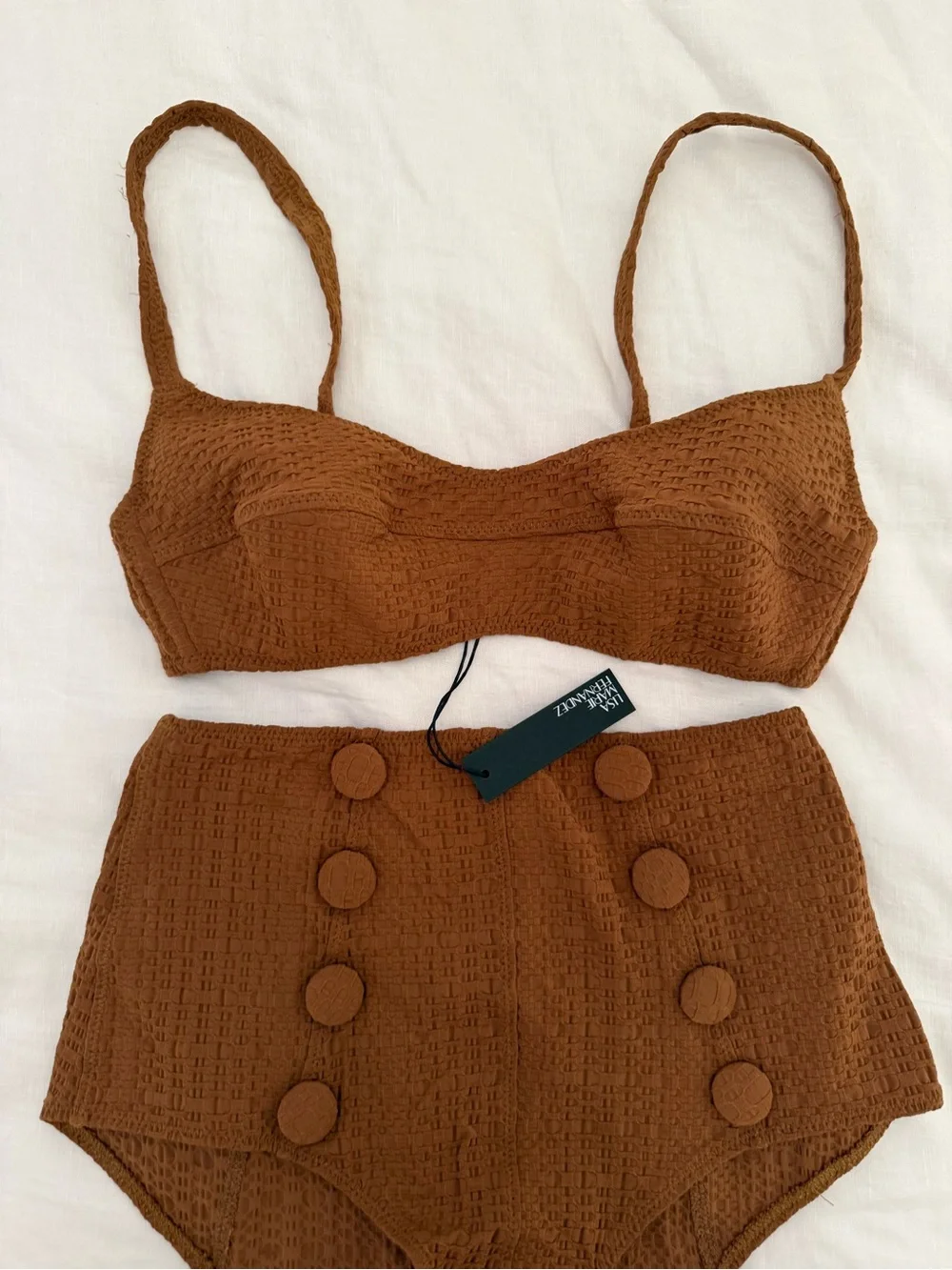LISA MARIE FERNANDEZ the balconette high-waist bikini in caramel seersucker